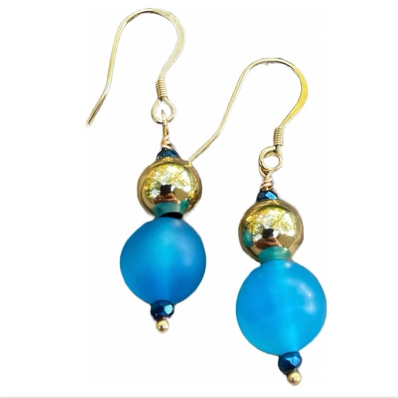 Jewel Design by Grace Jewelry - Agate Blue dyed,24k gold washed ball, blue Swarovski Crystal gold ear wire.
